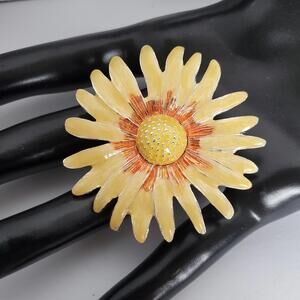 Vtg Daisy Flower Yellow Orange Enamel Metal 1960s Pin Brooch Layered Jewelry